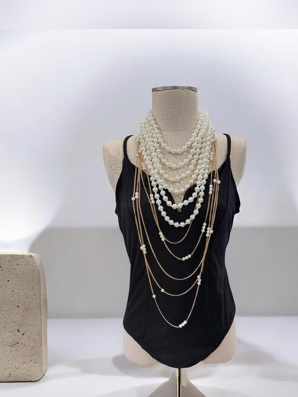 Faux Pearl and Gold Chain Layered Necklace
